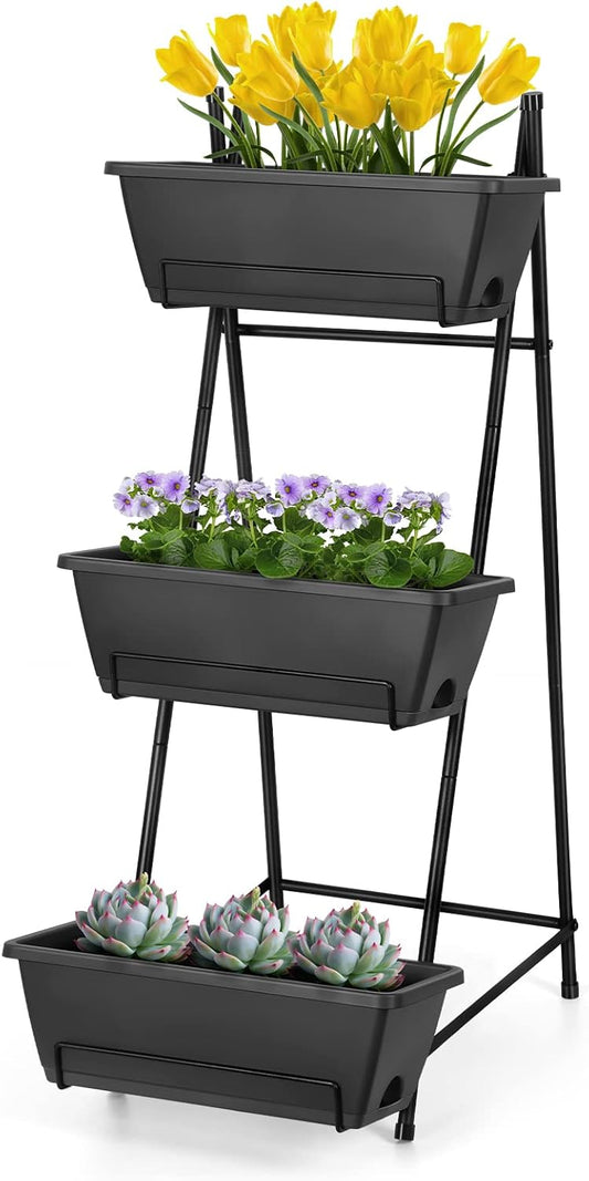3 Tier Vertical Garden Planter Small Raised Garden Bed Freestanding Plastic Raised Planter Boxes Herb Planter Stand with Removable Tray for Indoor Outdoor Herbs Flowers Vegetables Plants Grey