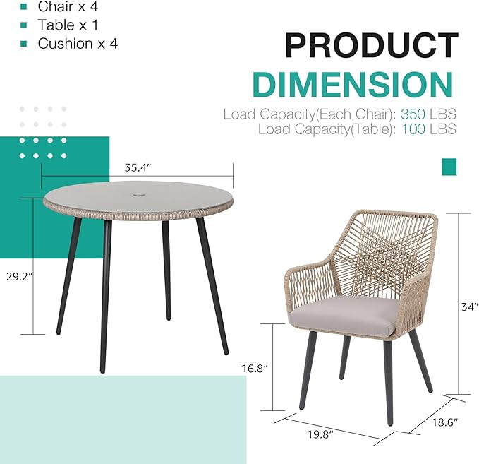 Patiorama 5-Piece Patio Dining Set, Outdoor Dining Table Chair Set, All-Weather Twisted Rattan Wicker Rope Conversation Set, Patio Furniture Set w/Umbrella Hole,Cushioned Chairs&Table(Tan&Cross Back)
