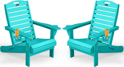 Adirondack Chairs Set of 2, Outdoor Fire Pit Chairs, HDPE All-Weather Adirondack Chairs with Cup Holder, Lawn Chair for Deck, Patio, Garden (Lakeblue)