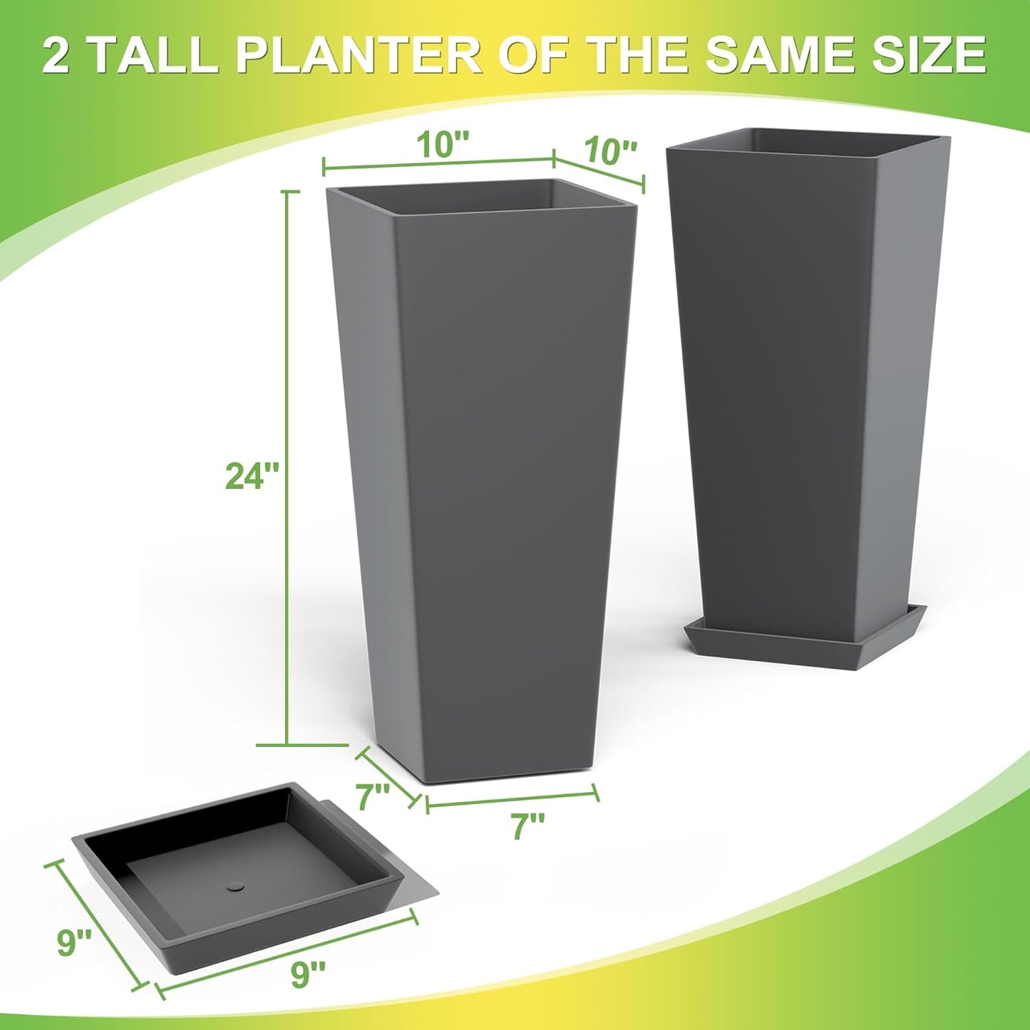 Set of 2 Tall Planters, 24" Large Indoor Outdoor Flower Pots with Tray, Modern Tapered Planters for Porch, Patio, Garden, Backyard