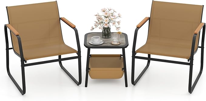 Tangkula 3 Pieces Patio Furniture Set, Outdoor Bistro Conversation Set with Breathable Mesh Fabric and Metal Frame, Front Porch Table and Chairs Set for Balcony, Garden, Lawn and Backyard (Brown)