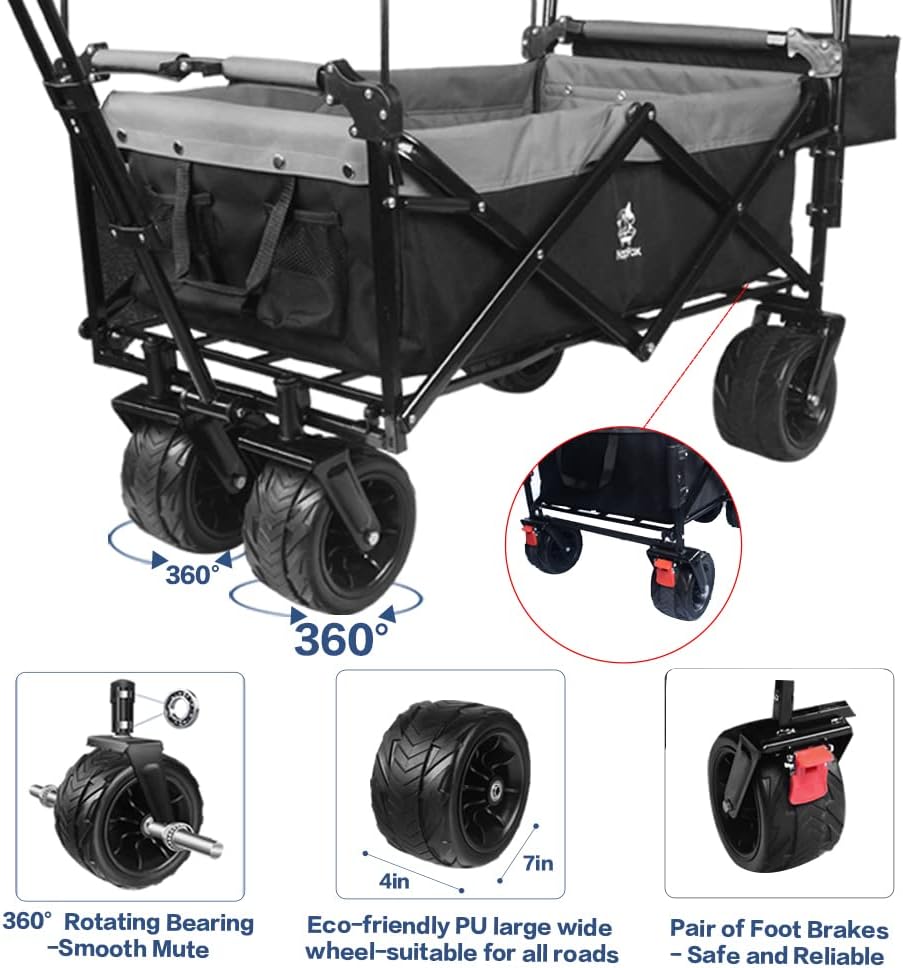 Collapsible Wagon Heavy Duty Folding Wagon Cart with Removable Canopy, 4" Wide Large All Terrain Wheels, Brake, Adjustable Handles,Cooler Bag Utility Carts for Outdoor Beach Cart Garden Wagons Carts