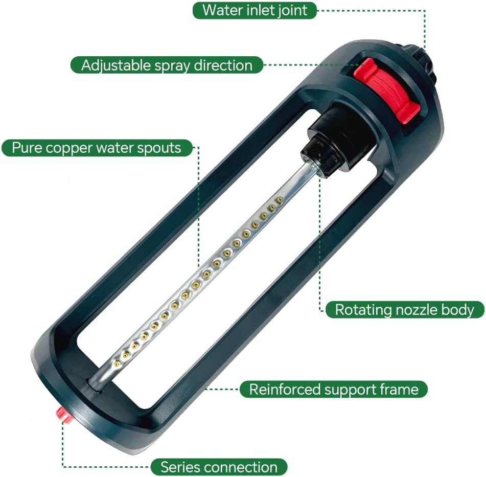 Lawn Sprinkler, 18 Brass Nozzles Garden Water Oscillating Sprinkler for Yard Covers up to 3,600 sq.ft, Heavy Weight Base, Built-in Spray Jet Cleaning Needle