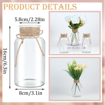 Vintage Glass Flower Vase，6 Pack FarmhouseTransparent White Glass Centerpiece Vases Mason Jars for Weddings, Parties & Home Decor Bulk (6, Transparent)