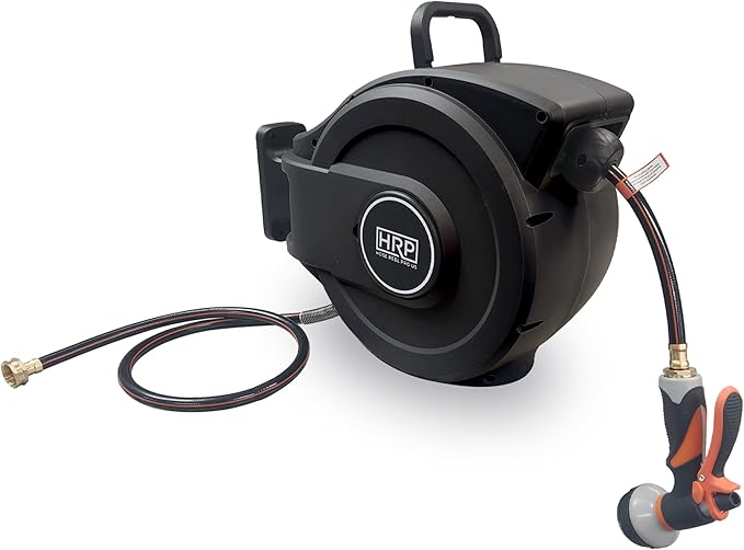 Retractable Garden Hose Reel, 50 ft Wall-Mounted Garden Hose with Automatic Rewind, 10-Function Spray Nozzle, 180° Swivel Bracket, Heavy-Duty Leak-Proof Design, Black