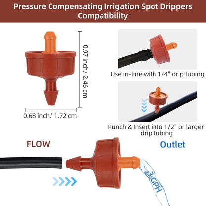 60PCS 3 GPH Pressure Compensating Drip Irrigation Spot Watering Drippers/Emitters, Self-Cleaning Constant Flow Drip Irrigation Emitters Heads Irrigation Drippers Parts for Drip Irrigation System