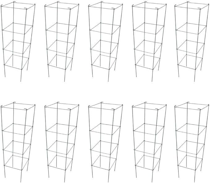 Galvanized Square Folding Tomato Cage Plant Support Stake Tower 12 inch by 46 inch, Pack of 10 Sets(Also Sold as Pack of 2 & 5,PVC Green is Available)