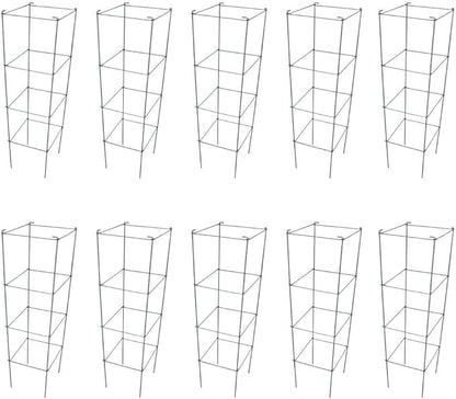 Galvanized Square Folding Tomato Cage Plant Support Stake Tower 12 inch by 46 inch, Pack of 10 Sets(Also Sold as Pack of 2 & 5,PVC Green is Available)