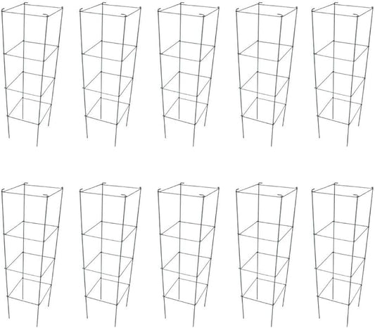 Galvanized Square Folding Tomato Cage Plant Support Stake Tower 12 inch by 46 inch, Pack of 10 Sets(Also Sold as Pack of 2 & 5,PVC Green is Available)