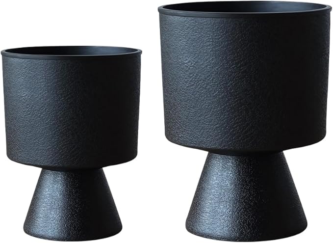 Lookat Modern Hourglass Planter, Indoor Decorative Plastic Plant Container, Textured Metal Look, Contemporary Home Garden Pot (Black, CUP003 Small+Medium)