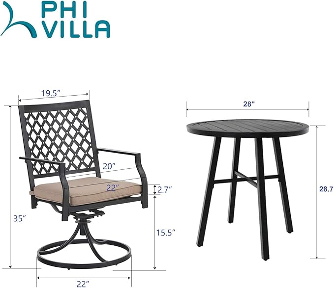 PHI VILLA 3 Piece Outdoor Bistro Dining Set for 2, Metal Steel Round Table & Swivel Wrought Iron Chairs, Small Furniture Conversation Set for Patio, Porch, Deck, Balcony