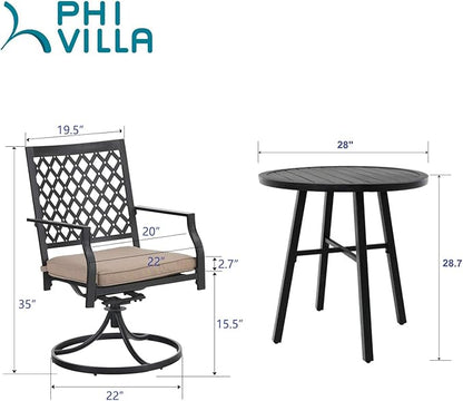 PHI VILLA 3 Piece Outdoor Bistro Dining Set for 2, Metal Steel Round Table & Swivel Wrought Iron Chairs, Small Furniture Conversation Set for Patio, Porch, Deck, Balcony