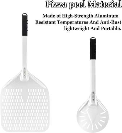 14 Inch + 7 Inch Perforated Pizza Peel Set, Pizza Turning Peel with Metal Handle, Pizza Spatula Paddle for Homemade Pizza Oven Accessories