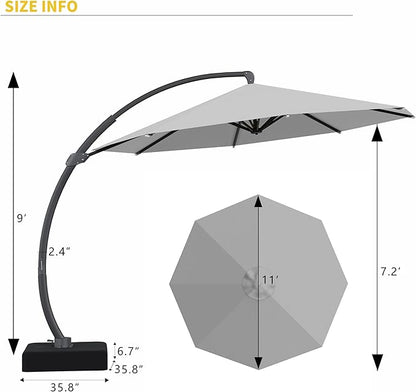 Kingdura 11ft Offset Cantilever Patio Umbrella with Base Included, Large Round Aluminum Outdoor Umbrella, 360° Rotation & Infinite Tilt, Heavy Duty Frame for Deck Pool Backyard, Light grey