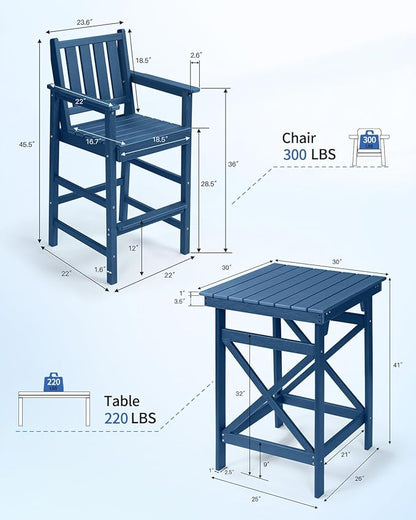 QUASCO 3-Piece Outdoor Adirondack Chairs and Table, All Weather HDPE Tall Adirondack Chair Set of 2 and Bar Table, Outdoor Bar Stools Set for Bistro Balcony Patio, Navy