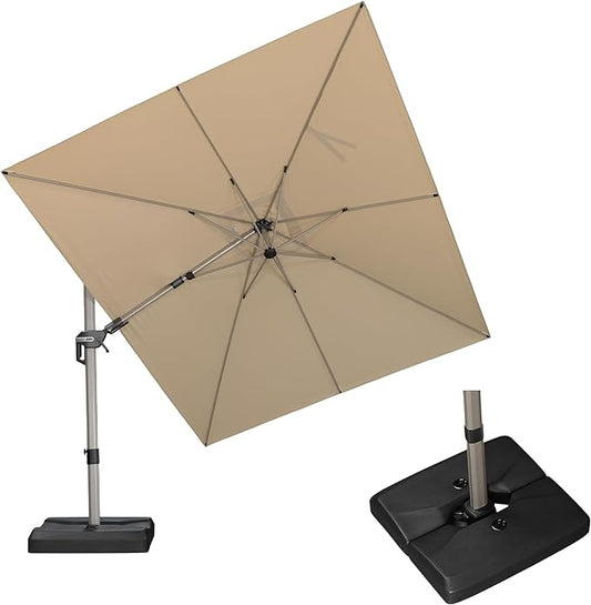 PURPLE LEAF 9' X 12' Left-right Tilting Patio Umbrella with Base Outdoor Swivel Cantilever Offset Aluminum Umbrella with Champagne Frame and 360-degree Rotation for Garden Deck Pool, Beige