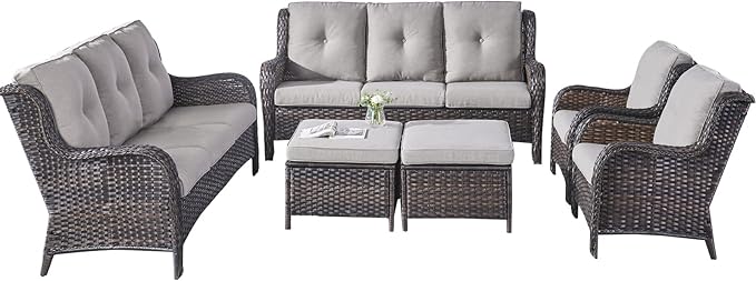 Rilyson Wicker Patio Furniture Set - 6 Piece Rattan Outdoor Sectional Conversation Sets with 2 Sofa,2 Armrest Chairs and 2 Ottomans for Porch Deck Garden(Brown/Grey)