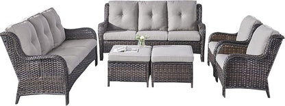Rilyson Wicker Patio Furniture Set - 6 Piece Rattan Outdoor Sectional Conversation Sets with 2 Sofa,2 Armrest Chairs and 2 Ottomans for Porch Deck Garden(Brown/Grey)