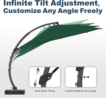 11FT Cantilever Umbrella with Base Large Curvy Outdoor Aluminum Offset Umbrella w/ 360° Rotation, UV Resistant Canopy for Patio, Garden, Backyard, Forest Green