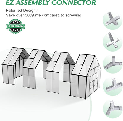 10'x10'x16' Snap-Together Greenhouse - Easy 3-Way Connectors, Heavy-Duty Aluminum Frame, Wind/Snow Resistant for Gardening/Urban Farming, Includes Sliding Door & Ventilation Windows