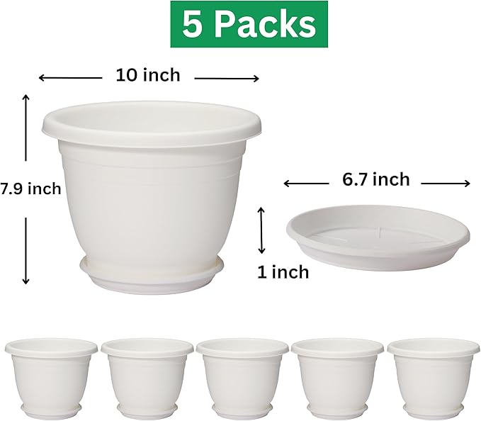 5 Packs 10 inch Plant Pots + Saucer, Planters for Indoor & Outdoor Plants with Drainage Holes | Plastic Flower Pots, Large Planter (Beige, 10 inch)
