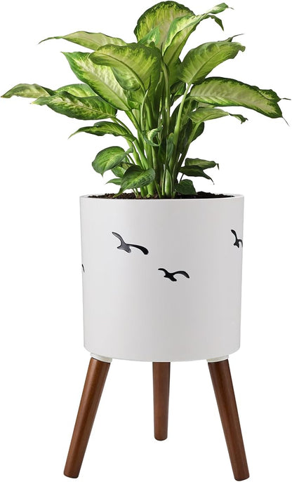naclto 12 Inch Planter Pot with Stand,Large Modern Plant Pot for Indoor Plants,Flower Pot Indoor Outdoor with Drainage for Home Garden Patio, White and Black