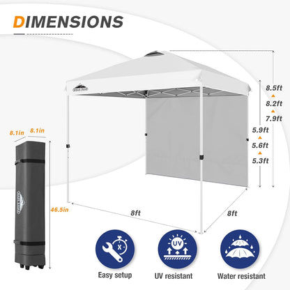 EAGLE PEAK Pop Up Canopy Tent with 1 Sidewall, Easy Setup Event Tent, Outdoor Sun Shade, Wheeled Carry Bag, Stakes and Guy Ropes, Instant Canopy 8x8, White
