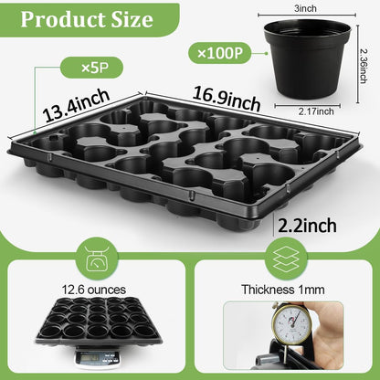 3 Inch Plastic Plant Pots 100 Pcs with 5 Pcs 20 Cell Seed Starter Trays, Thick Black Small Nursery Pots and Propagation Shuttle Trays for Seed Starting, Plant Propagation Starter Kit 5 Sets