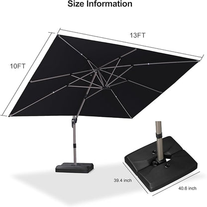 PURPLE LEAF Patio Umbrella with Base Included, 10‘×13’ Outdoor Aluminum Cantilever Umbrella with 360° Rotation, Aluminum Large Offset Umbrella for Outdoor Garden Pool, Black