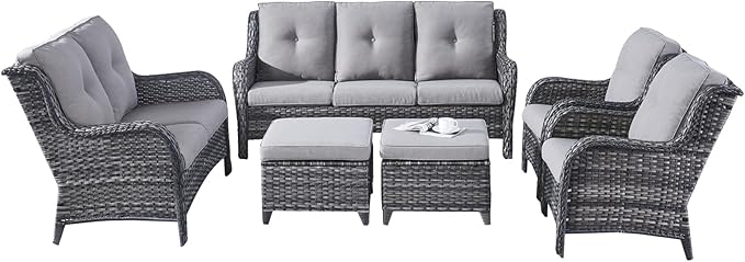 Rilyson Wicker Patio Furniture Set - 6 Piece Rattan Outdoor Sectional Conversation Sets with 1 Sofa,1 Loveseat,2 Armrest Chairs and 2 Ottomans for Porch Deck Garden(Mixed Grey/Grey)