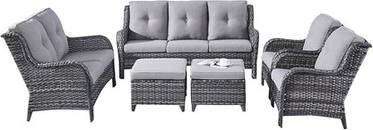 Rilyson Wicker Patio Furniture Set - 6 Piece Rattan Outdoor Sectional Conversation Sets with 1 Sofa,1 Loveseat,2 Armrest Chairs and 2 Ottomans for Porch Deck Garden(Mixed Grey/Grey)