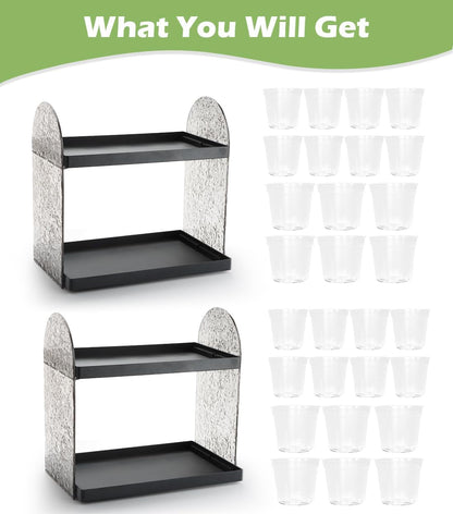 2-Pack Mini Plant Stands with 2.5" & 3" Clear Plastic Pots with Drainage Holes for Plants Indoor Seedling Small Succulent Windowsill Shelf as Gifts for Men Women