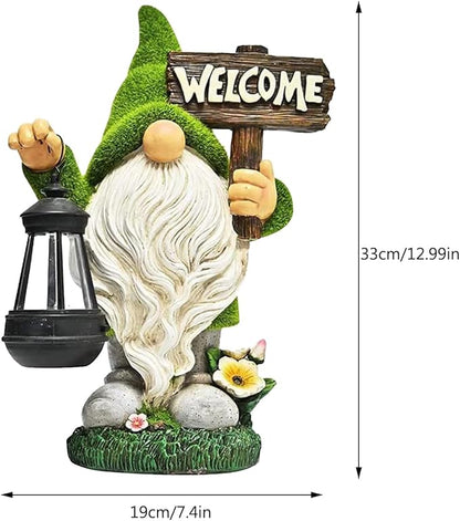 Garden Gnome Statue Outdoor Decor Large Flocked Resin Gnome Figurine with Solar Light Holding Lantern Welcome Sign Garden Yard Decorations Dwarf Sculpture for Outside Patio Porch Lawn Decor.