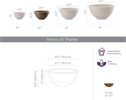 Crescent Garden Delano Bowl Planter, Indoor Outdoor Round Shallow Plant Pot for Water Garden, Bonsai Plant Pots, Succulents with Drain Hole - Double Walled Bowl Lotus Pot, 20" W (Old Bronze)