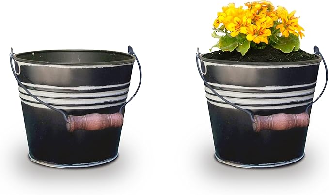 Headwind Vintage Collection - 6 Inch Charcoal Banded Planter with Handles – Galvanized Bucket Planter - Decorative Small Planters for Indoor Plants & Outdoor Use by Robert Allen