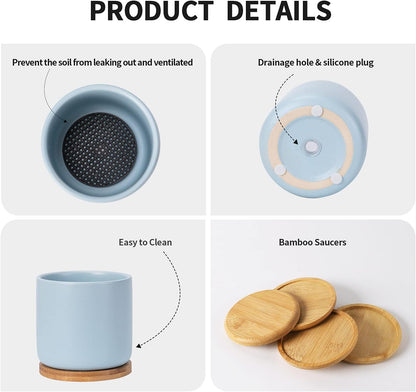 OMAYKEY Succulent Pots, 4 Inch Ceramic Planter Plant Pot with Tray, Drainage Hole & Mesh Pad for Indoor Flowers, Cactus, Herbs, Aloes - Cool Multicolor, Set of 4 (Plant Not Included)