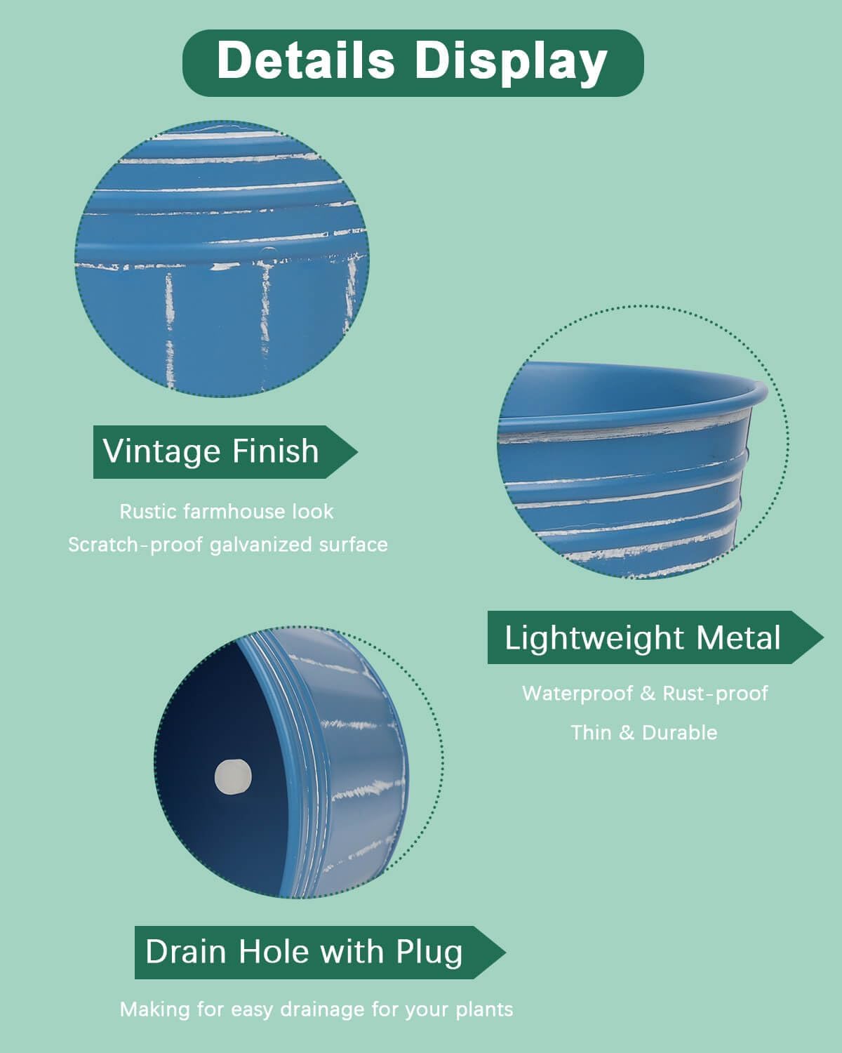 vensovo 4 Inch Blue Metal Rustic Flower Pots - 6Pcs Small Galvanized Planters with Drainage Hole and Rubber Plug, Rustproof Metal Bucket Plant Pots Farmhouse Vintage Style for Decor