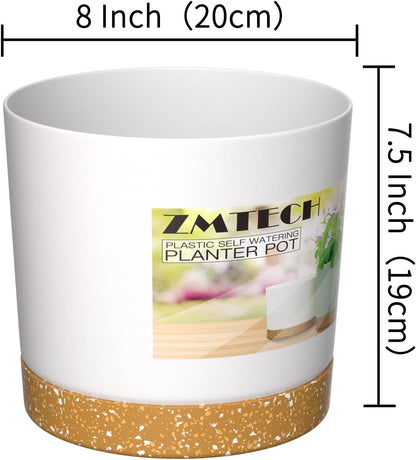 ZMTECH Plant Pots, Set of 3 8'' Self Watering Plastic Planter with Drainage Hole and Saucer, Modern Decorative Flower Pot for Indoor Outdoor House Plants, Succulents, Flowers - Dark Gray/White/Green