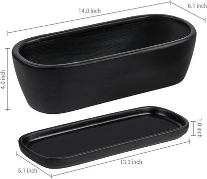 MyGift 14 Inch Oval Modern Matte Black Ceramic Succulent Planter Pot with Drainage Hole and Removable Saucer, Decorative Indoor House Plant Container for Flowers, Cactus, Herbs