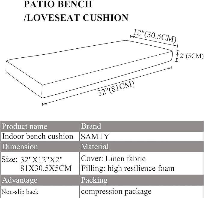 Bench Seat Memory Foam Chair Pads Non-Slip Rubber Back Indoor Swing/Settee Cushion 32 x 12 inch