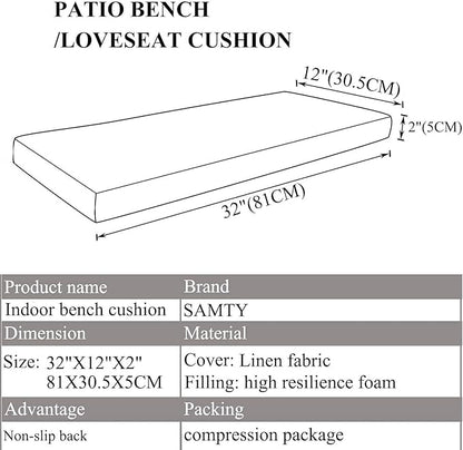 Bench Seat Memory Foam Chair Pads Non-Slip Rubber Back Indoor Swing/Settee Cushion 32 x 12 inch