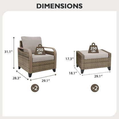 EAGLE PEAK Modern Wicker Outdoor Chair, Patio Chair Curved Armrest, Rattan Patio Furniture for Yard Deck Porch Garden, 2 Chairs 2 Ottomans, 4 Pieces, Brown/Gray