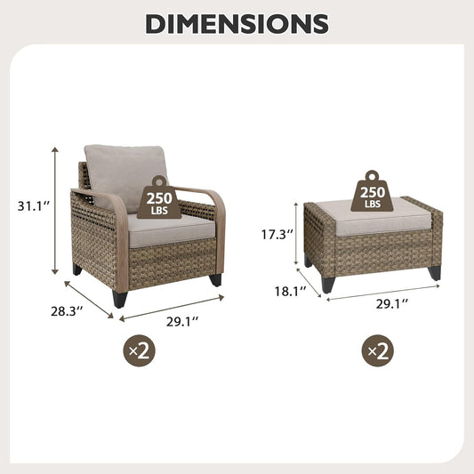 EAGLE PEAK Modern Wicker Outdoor Chair, Patio Chair Curved Armrest, Rattan Patio Furniture for Yard Deck Porch Garden, 2 Chairs 2 Ottomans, 4 Pieces, Brown/Gray