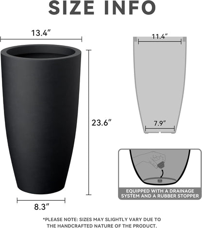 Kante 23.6" H Black Tall Planters (Set of 2), Large Outdoor Indoor Decorative Plant Pots with Drainage Hole and Rubber Plug, Modern Style for Home and Garden