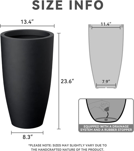 Kante 23.6" H Black Tall Planters (Set of 2), Large Outdoor Indoor Decorative Plant Pots with Drainage Hole and Rubber Plug, Modern Style for Home and Garden