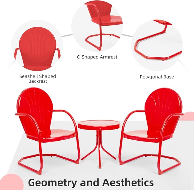 3 Piece Bistro Set, Anti-Rust Table and Chairs Set of 2, Waterproof Retro Metal Chairs for Outdoor Indoor/Porch/Lawn/Balcony- Red