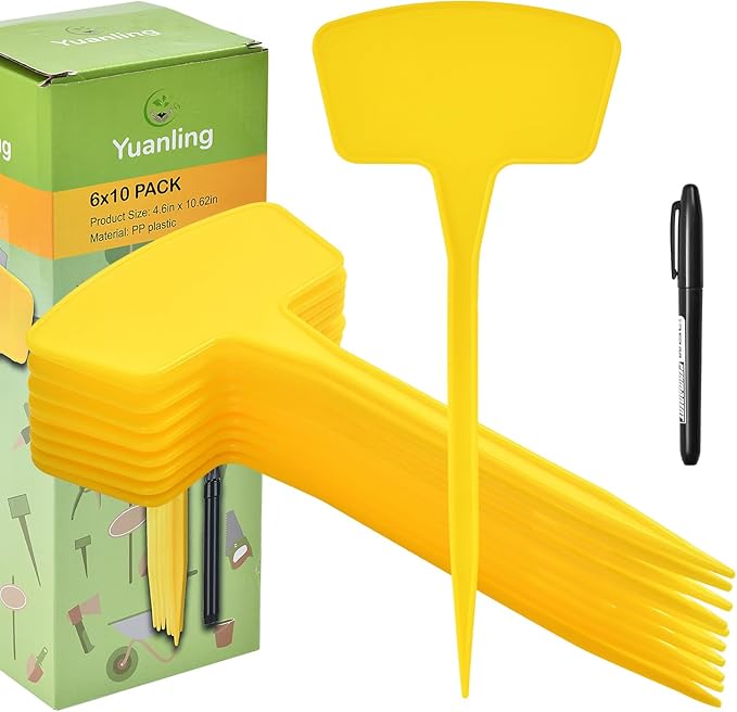 Plant Labels 60 Pcs Yuanling Plant Markers Large Plastic Plant Tags T-Type Waterproof Garden Labels for Outdoor Indoor Potted Plants Flowers Seeds Herbs Belt Garden Marker Pen (Yellow)