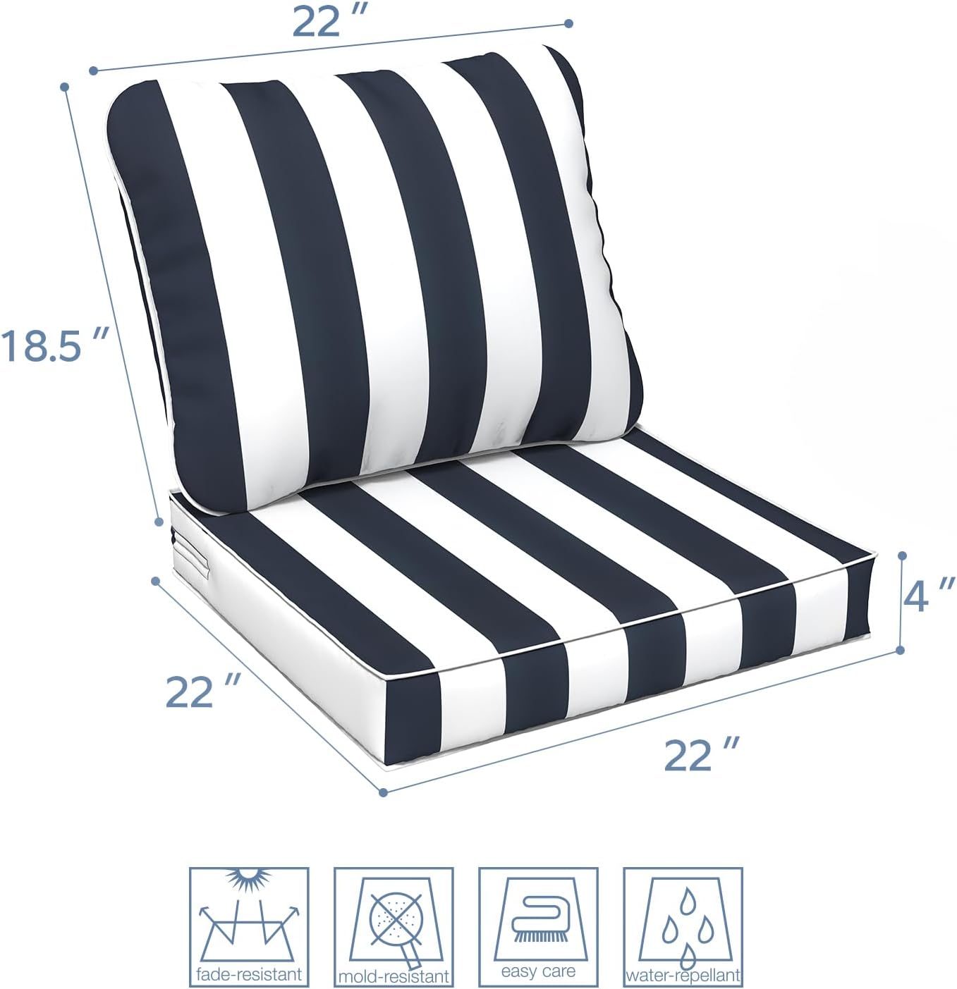 LVTXIII Outdoor Deep Seat Cushion Patio Seat and Back Cushion Set Seasonal Chair Cushion with Removable Cover and Adjustable Buckle for Home and Garden, 22"x22"x4", Cabana Navy