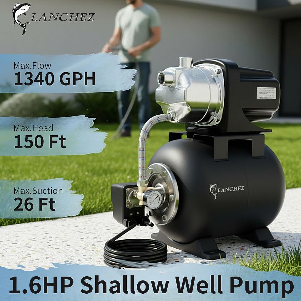 LANCHEZ 1.6HP Shallow Well Pump with Pressure Tank, 115V 1340GPH Automatic Irrigation Water Booster Jet Pump, Stainless Steel Water Transfer Pump for Home Garden Lawn Sprinkler Irrigation, Matte