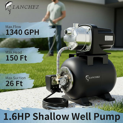 LANCHEZ 1.6HP Shallow Well Pump with Pressure Tank, 115V 1340GPH Automatic Irrigation Water Booster Jet Pump, Stainless Steel Water Transfer Pump for Home Garden Lawn Sprinkler Irrigation, Matte